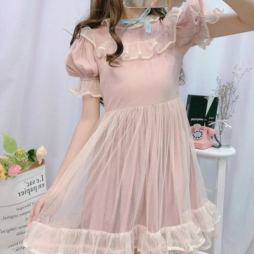 Dusty Pink Fairy Gown with Chiffon Ruffles and Puffed Sleeves - dress