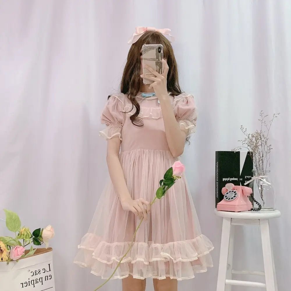 Dusty Pink Fairy Gown with Chiffon Ruffles and Puffed Sleeves - Cosparty