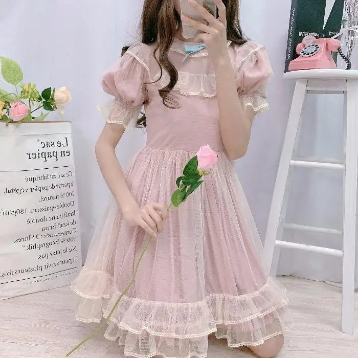 Dusty Pink Fairy Gown with Chiffon Ruffles and Puffed Sleeves - dress