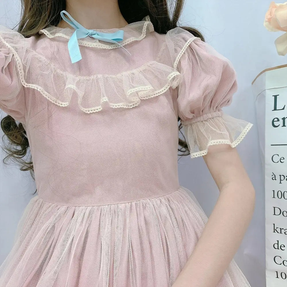 Dusty Pink Fairy Gown with Chiffon Ruffles and Puffed Sleeves - dress