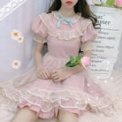 Dusty Pink Fairy Gown with Chiffon Ruffles and Puffed Sleeves - Cosparty
