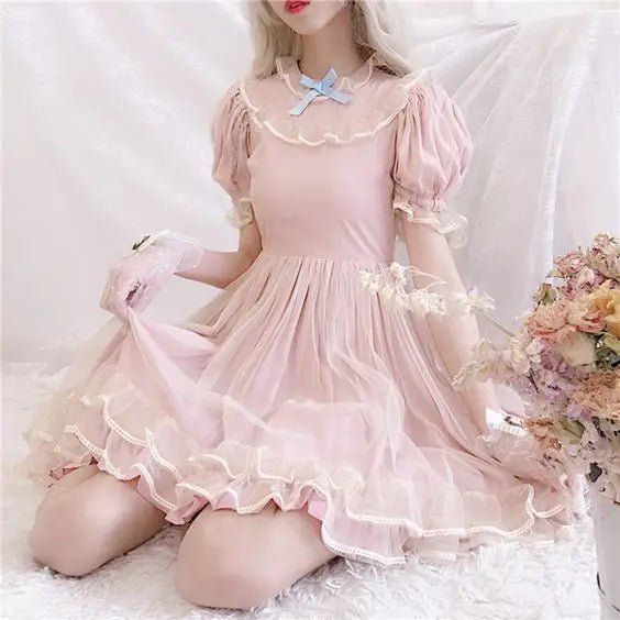 Dusty Pink Fairy Gown with Chiffon Ruffles and Puffed Sleeves - Cosparty