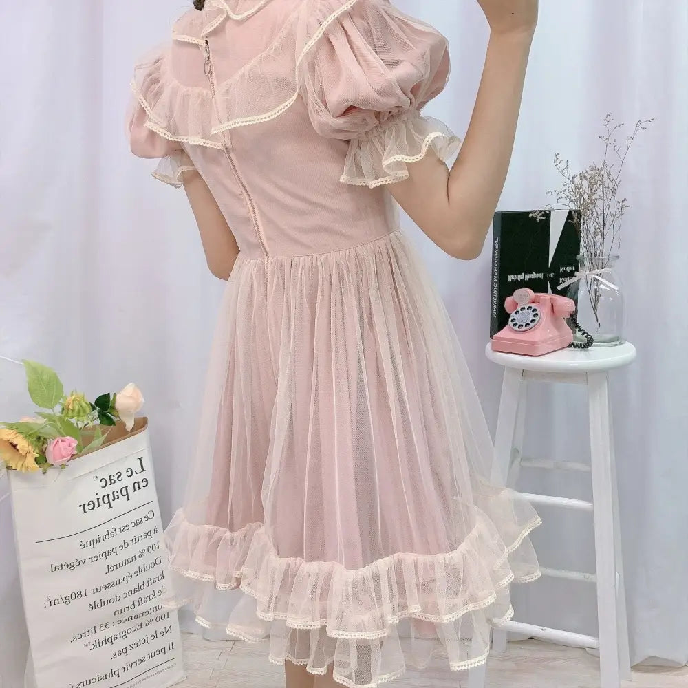 Dusty Pink Fairy Gown with Chiffon Ruffles and Puffed Sleeves - dress