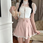 Dusty Rose Pink Pleated Skirt with White Lace Trim - Skirts