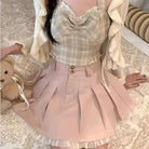 Dusty Rose Pink Pleated Skirt with White Lace Trim - Cosparty