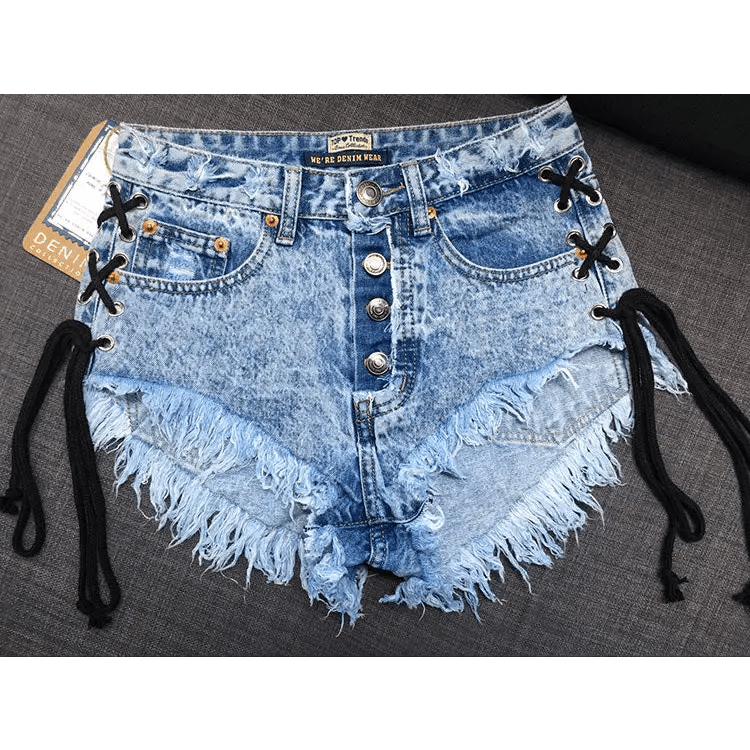 Edgy Lace - Up Jean Shorts for Summer Style - Cosparty