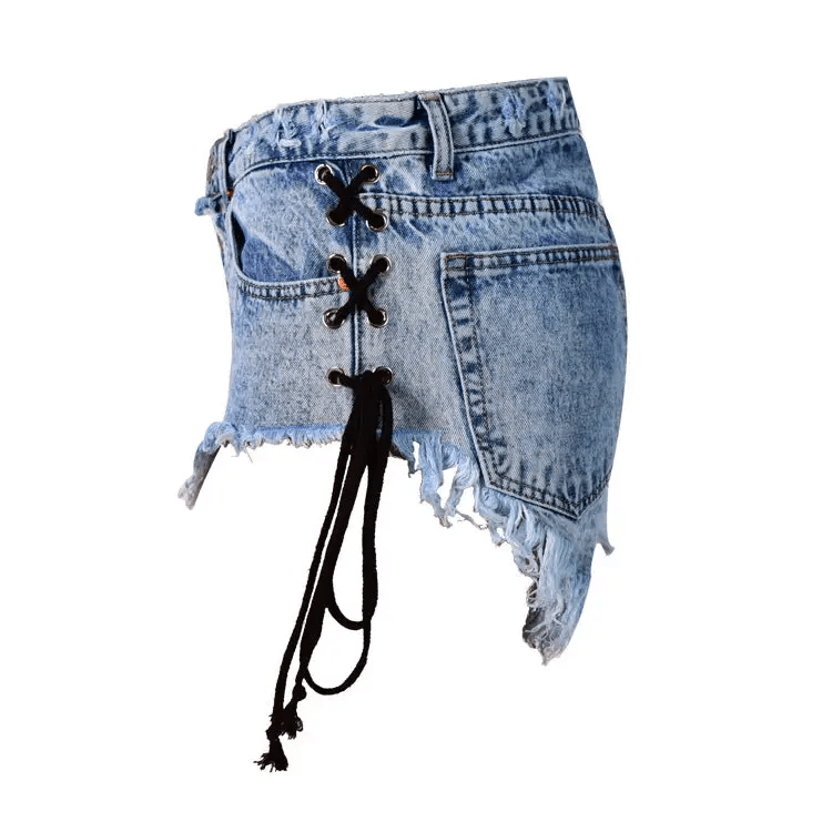Edgy Lace - Up Jean Shorts for Summer Style - Cosparty