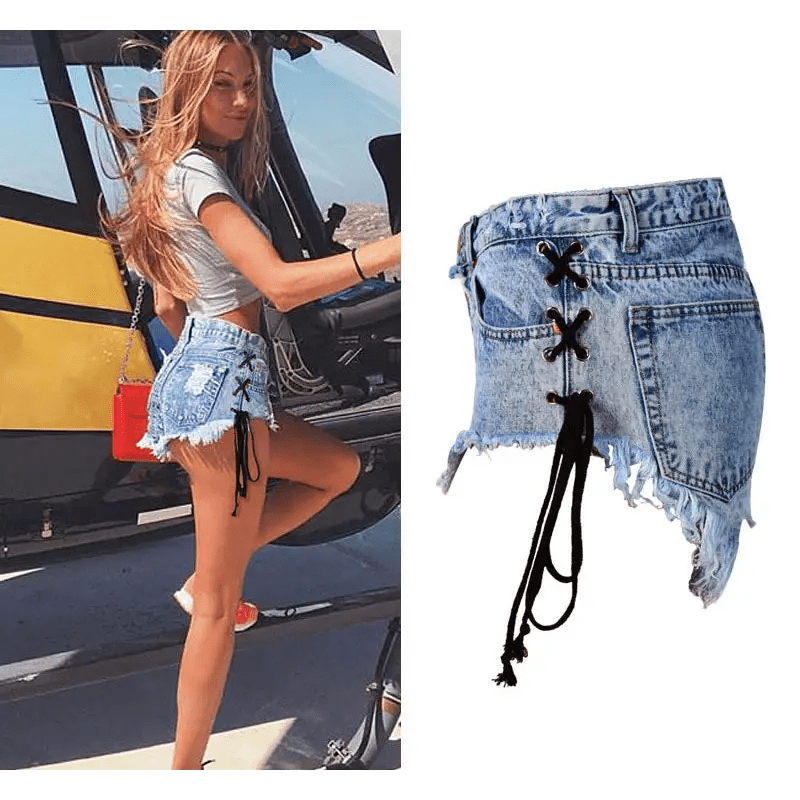 Edgy Lace - Up Jean Shorts for Summer Style - Cosparty