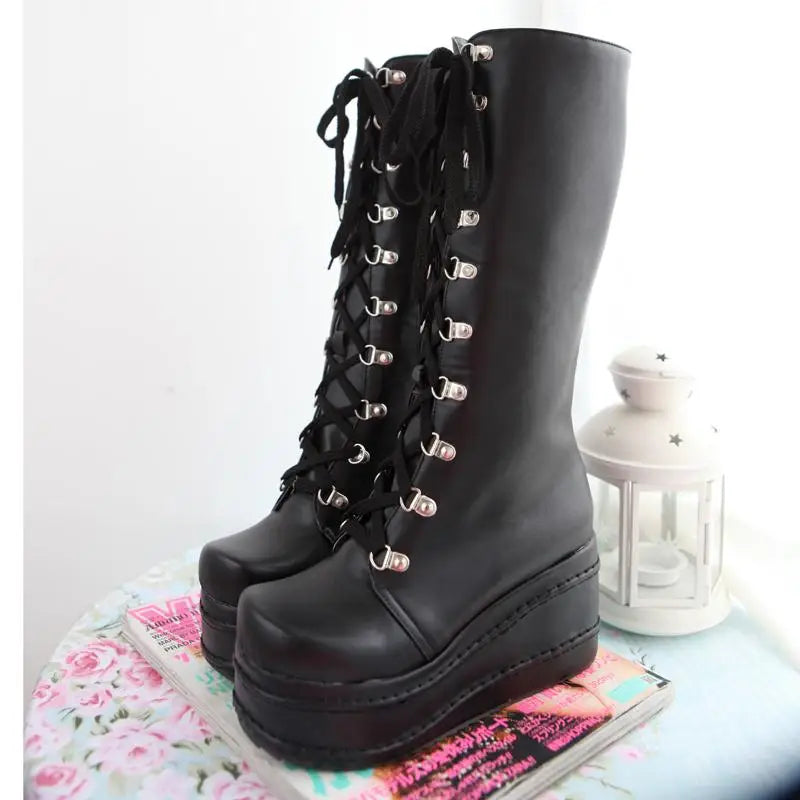 Edgy Punk Rock Knee High Boots for a Comfortable Fit Feet - Black / 4 - Shoes