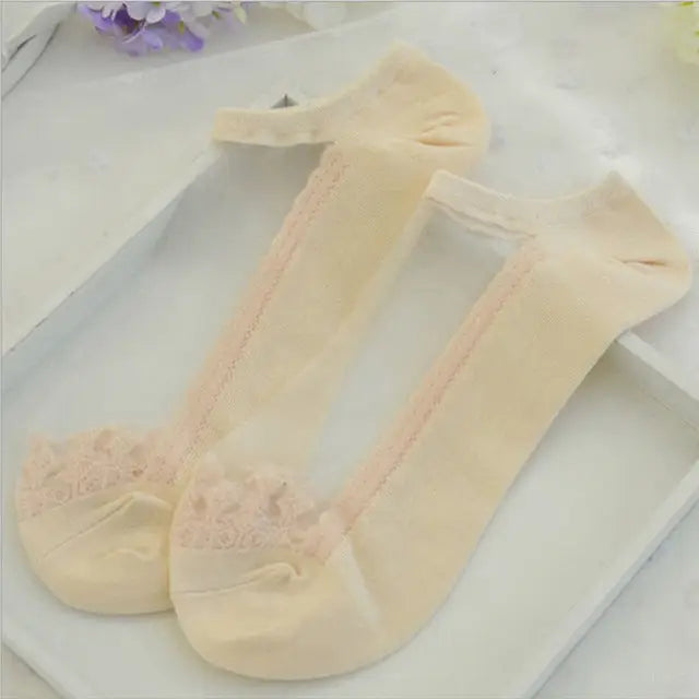 see-through invisible ankle socks clear fabric cream lace dainty elegant lolita mori girl larme harajuku japan fashion by Cosparty