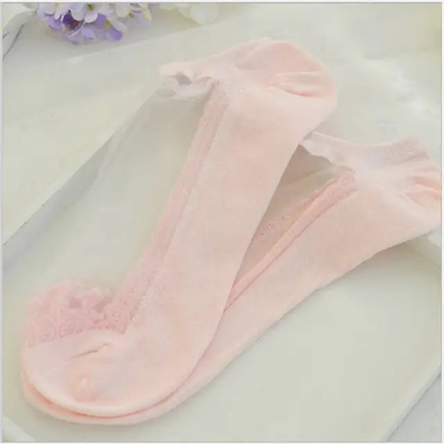 see-through invisible ankle socks clear fabric pink lace dainty elegant lolita mori girl larme harajuku japan fashion by Cosparty