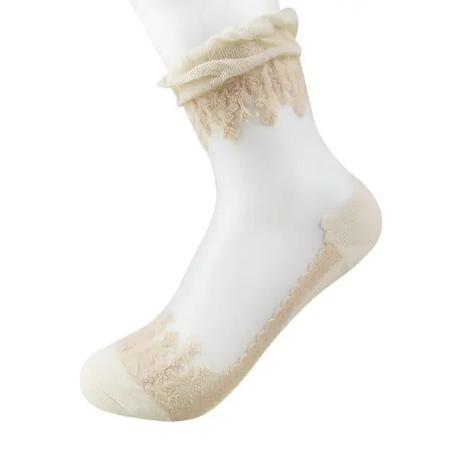 Elegant Lace Band Socks in Clear Fabric and Various Colors - Khaki - Socks