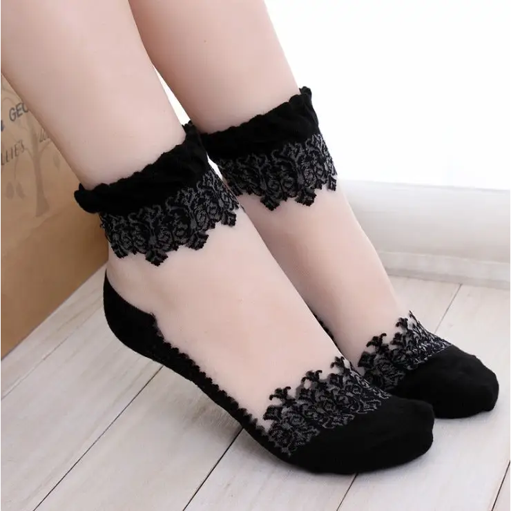 see-through invisible ankle socks clear fabric black lace dainty elegant lolita mori girl larme harajuku japan fashion by Cosparty