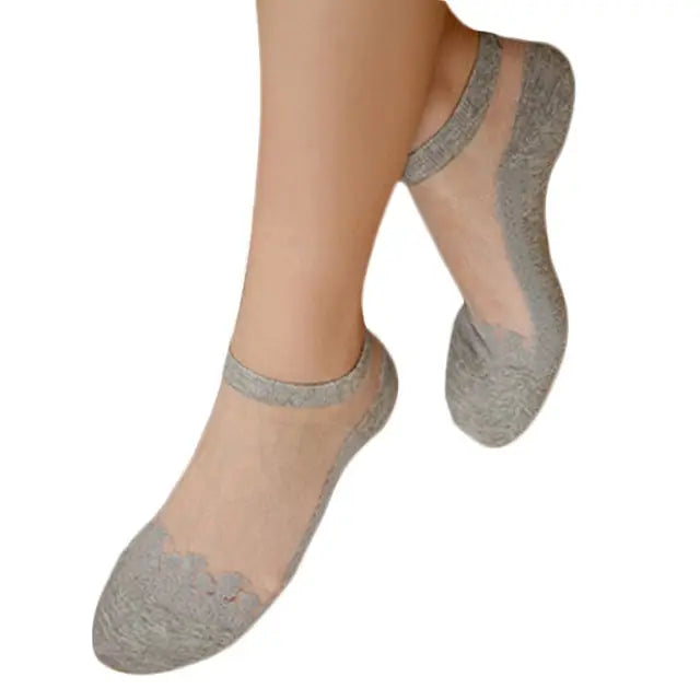 Elegant Lace Band Socks in Clear Fabric and Various Colors - Gray Low Ankle - Socks