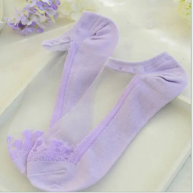 Elegant Lace Band Socks in Clear Fabric and Various Colors - Socks