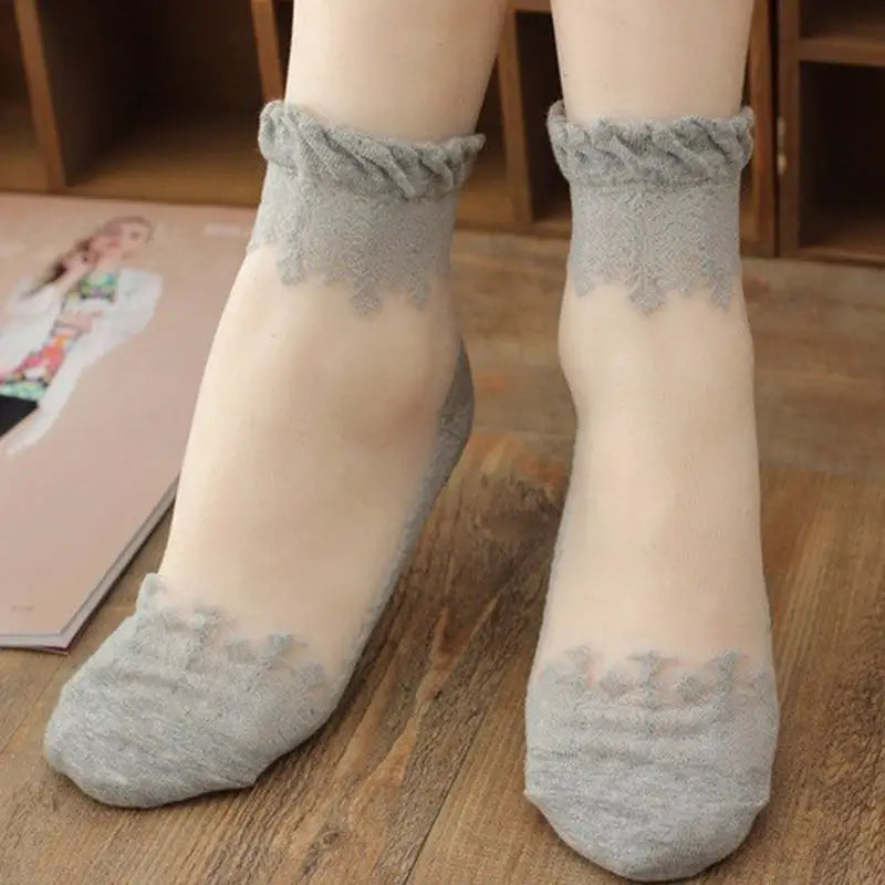 see-through invisible ankle socks clear fabric grey lace dainty elegant lolita mori girl larme harajuku japan fashion by Cosparty