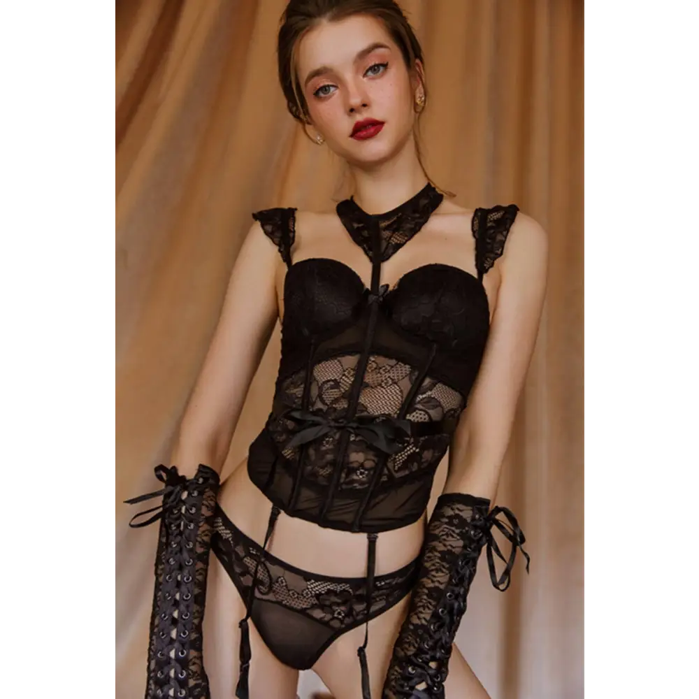 Elegant Lace Bra and Panty Set with Gorgeous Hand-Details Including Silk Ribbons - Black / S - lingerie