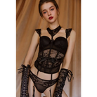 Elegant Lace Bra and Panty Set with Gorgeous Hand-Details Including Silk Ribbons - Black / S - lingerie