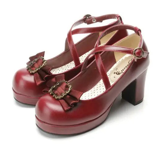 Elegant Lolita Block-Heeled Shoes with Bow Embellishments - Dark Red / 4 - Shoes