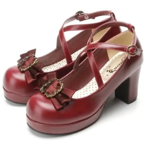 Elegant Lolita Block-Heeled Shoes with Bow Embellishments - Shoes