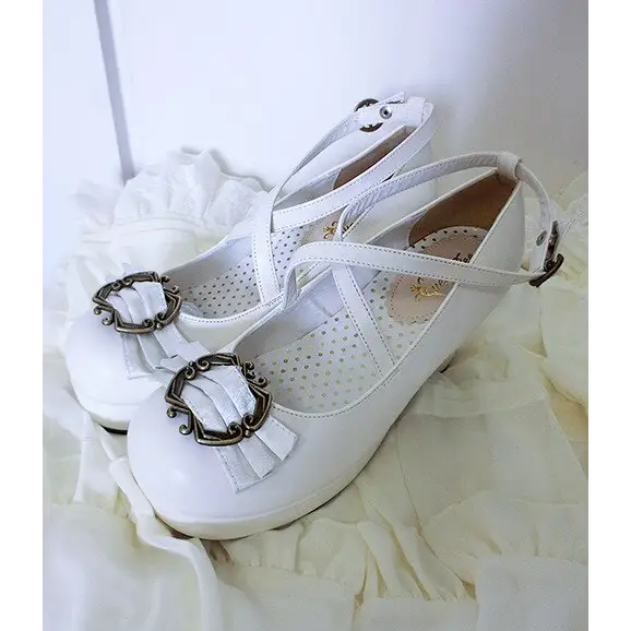 Elegant Lolita Block-Heeled Shoes with Bow Embellishments - White / 4 - Shoes