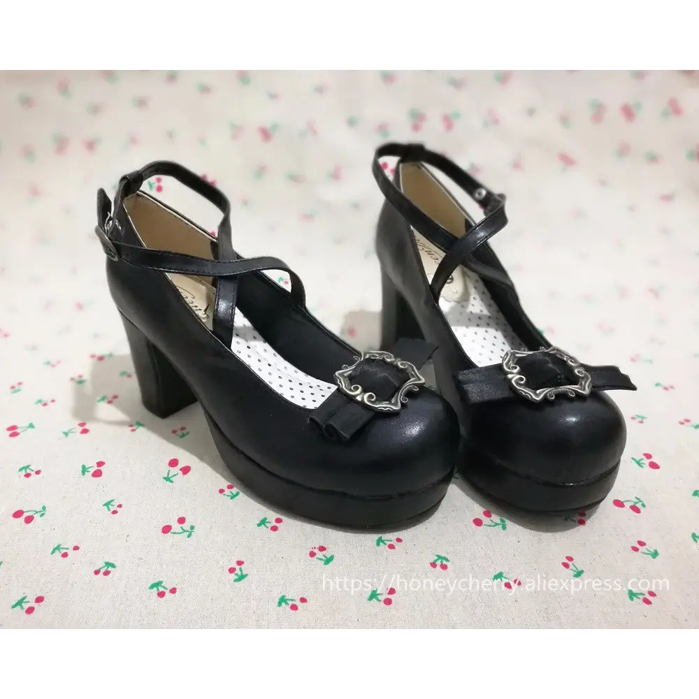 Elegant Lolita Block-Heeled Shoes with Bow Embellishments - Shoes