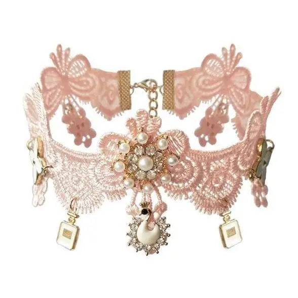 Elegant Pink Victorian Style Choker Necklace with Jewels and Pearls - necklace