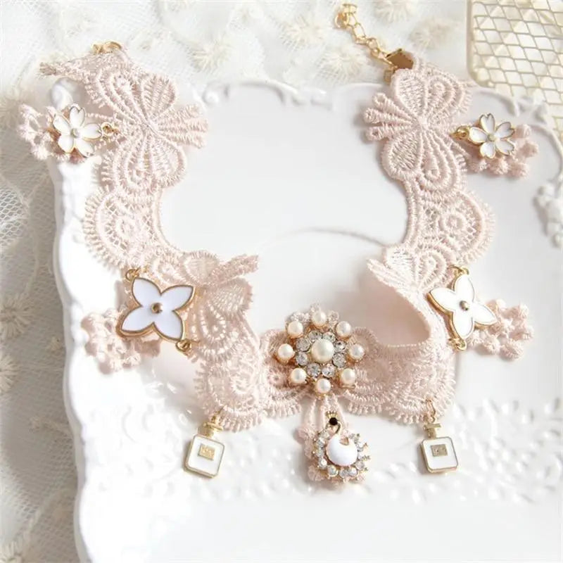 Elegant Pink Victorian Style Choker Necklace with Jewels and Pearls - necklace