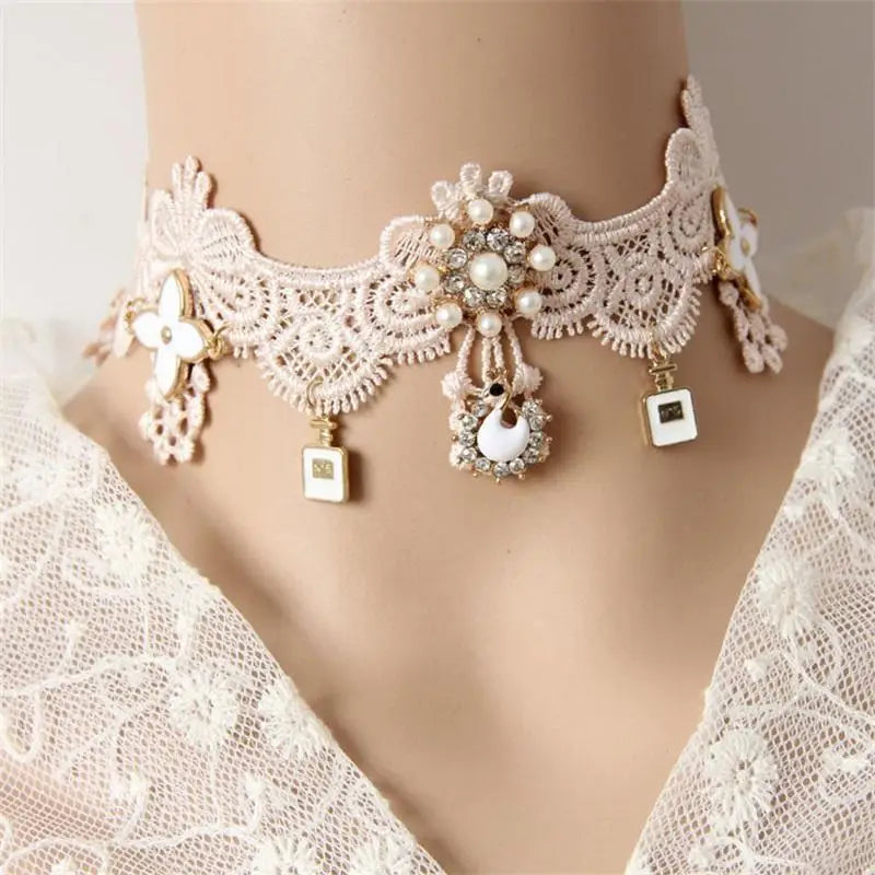 Elegant Pink Victorian Style Choker Necklace with Jewels and Pearls - necklace