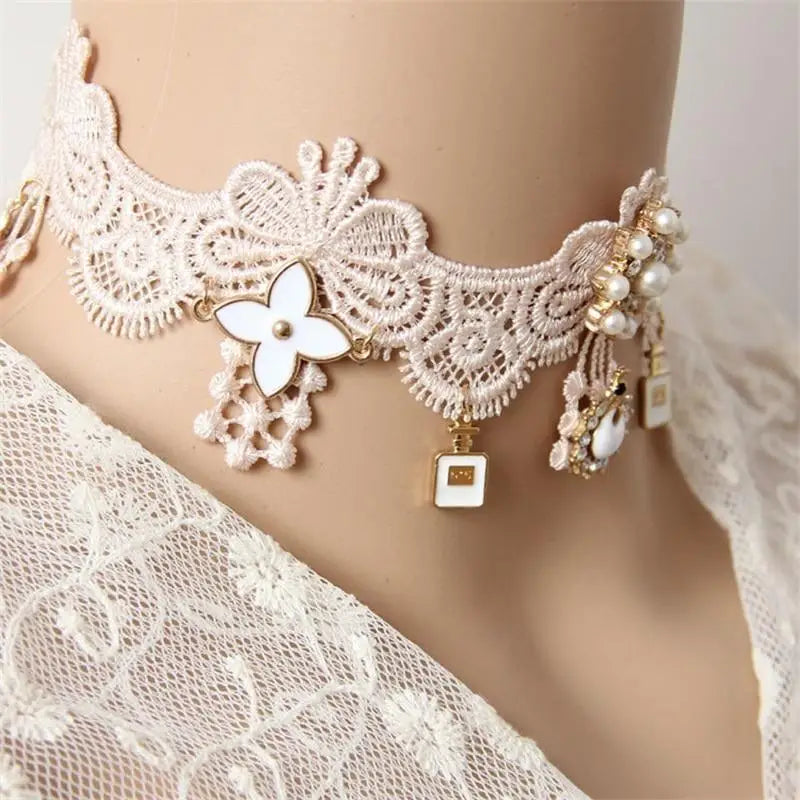 Elegant Pink Victorian Style Choker Necklace with Jewels and Pearls - necklace