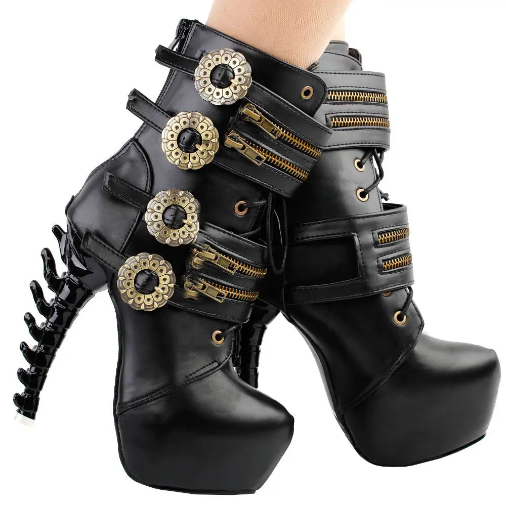 steampunk dieselpunk ankle boots black vegan leather booties clock gears cogs wheels brass copper victorian era fashion gothic lolita goth edgy punk shoes footwear by Cosparty