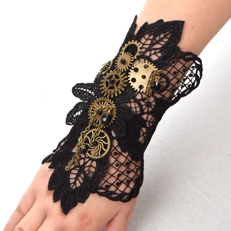 Elegant Steampunk Cuff with Copper and Brass Gears on Black Lace - bracelet