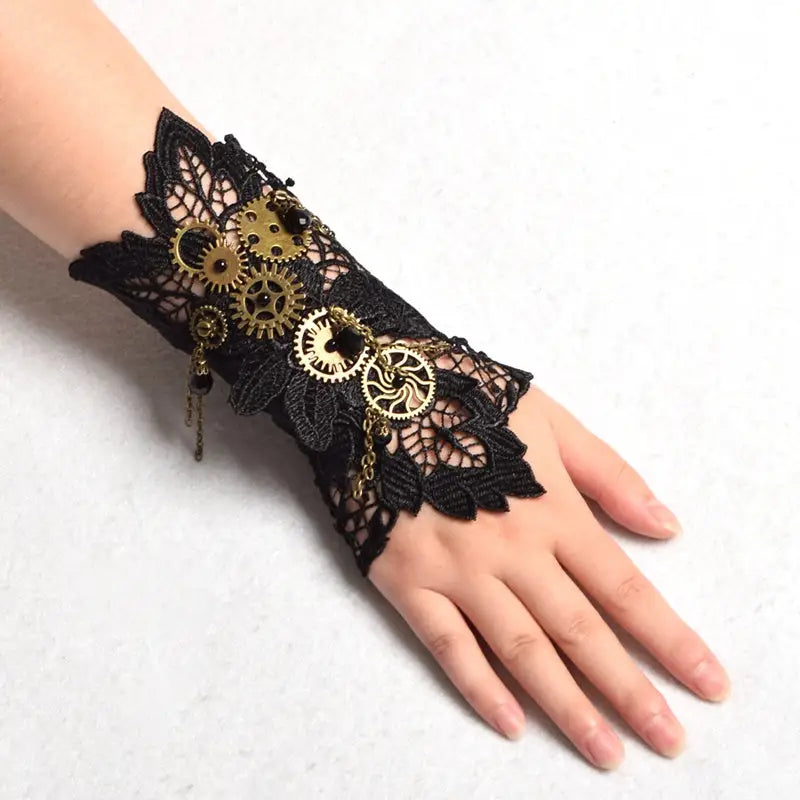 Elegant Steampunk Cuff with Copper and Brass Gears on Black Lace - bracelet