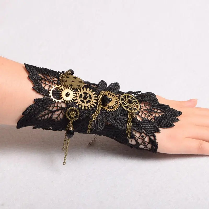 Elegant Steampunk Cuff with Copper and Brass Gears on Black Lace - bracelet