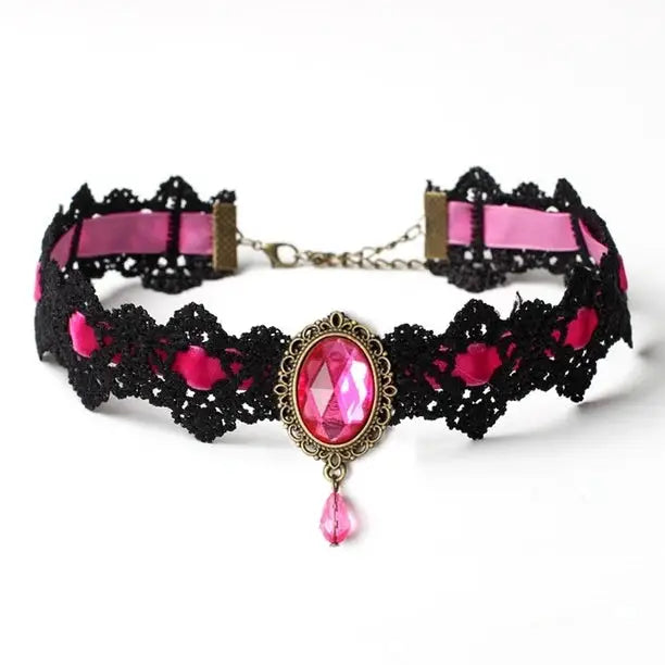 Elegant Victorian Style Choker Necklace with Gold Hardware - Pink - Necklace