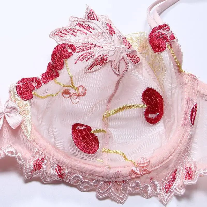 Embroidered Chiffon Lace Cherry Bra and Panty Set - Cosparty