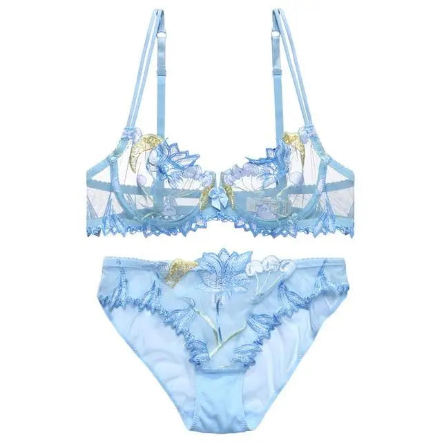 Blue Cherry Lingerie Set Bra & Panties Sexy Underwear Embroidered