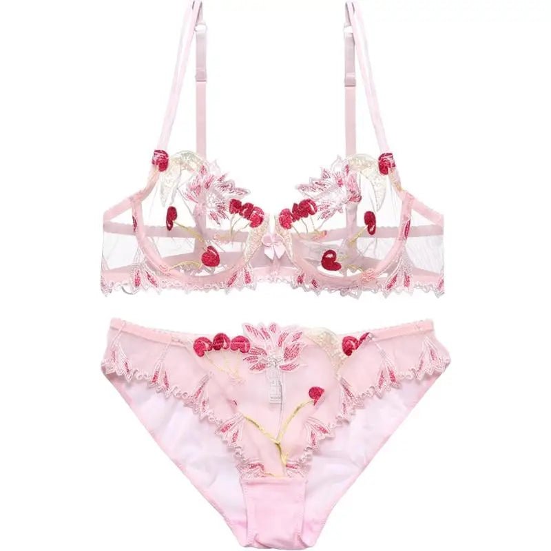 Embroidered Chiffon Lace Cherry Bra and Panty Set - Cosparty