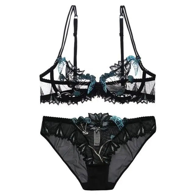 Embroidered Chiffon Lace Cherry Bra and Panty Set - Cosparty