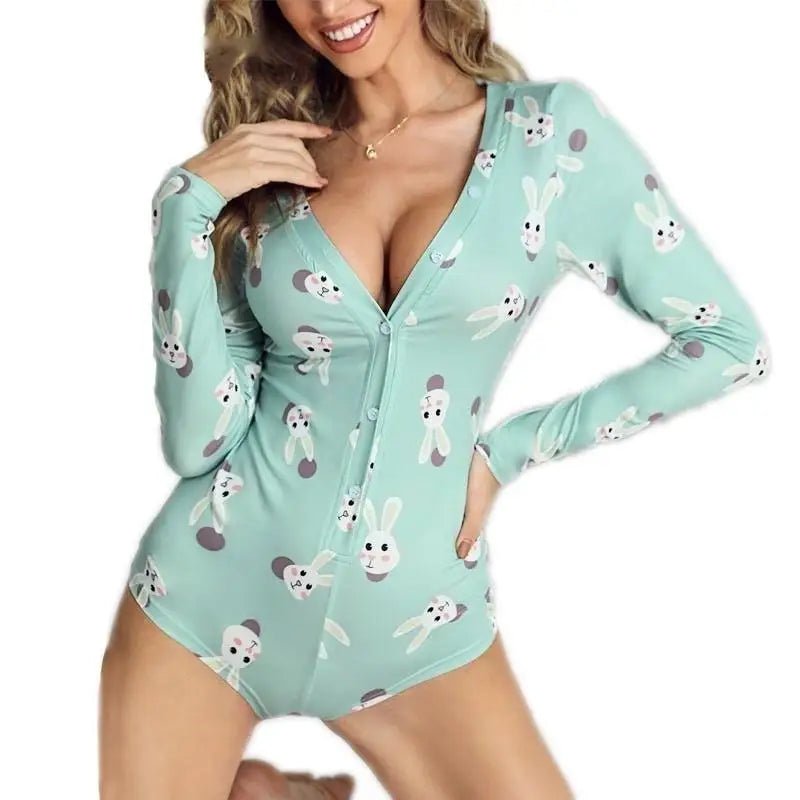 Emerald Green Bunny Rabbit Print Long - Sleeve Romper for Kids - Cosparty