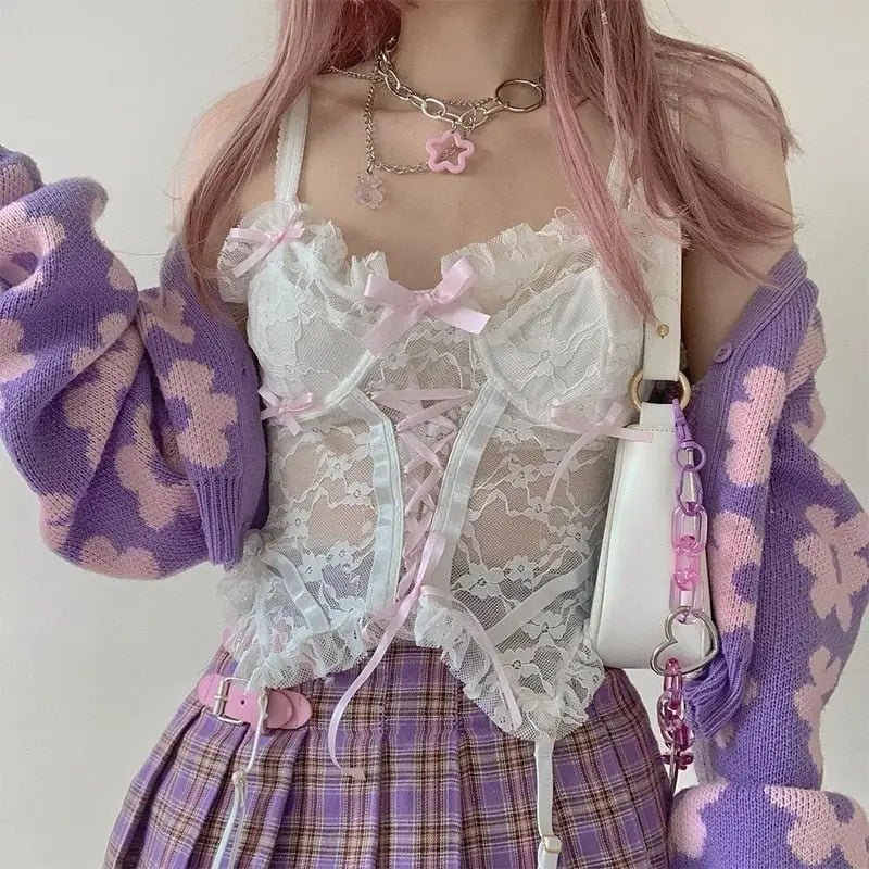 Ethereal Lace and Ribbon Bustier Crop Top - Cosparty