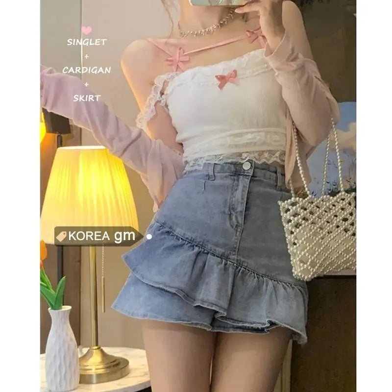 Ethereal Nymphette Knit Camisole with Lace Trim and Ribbons - Cosparty