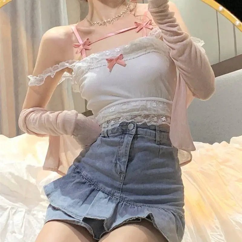 Ethereal Nymphette Knit Camisole with Lace Trim and Ribbons - Cosparty