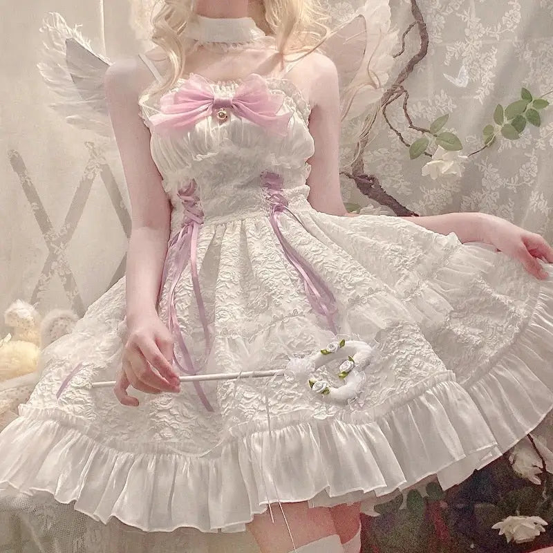 Ethereal Princess Lace Dress with Ruffles and Bows - dress