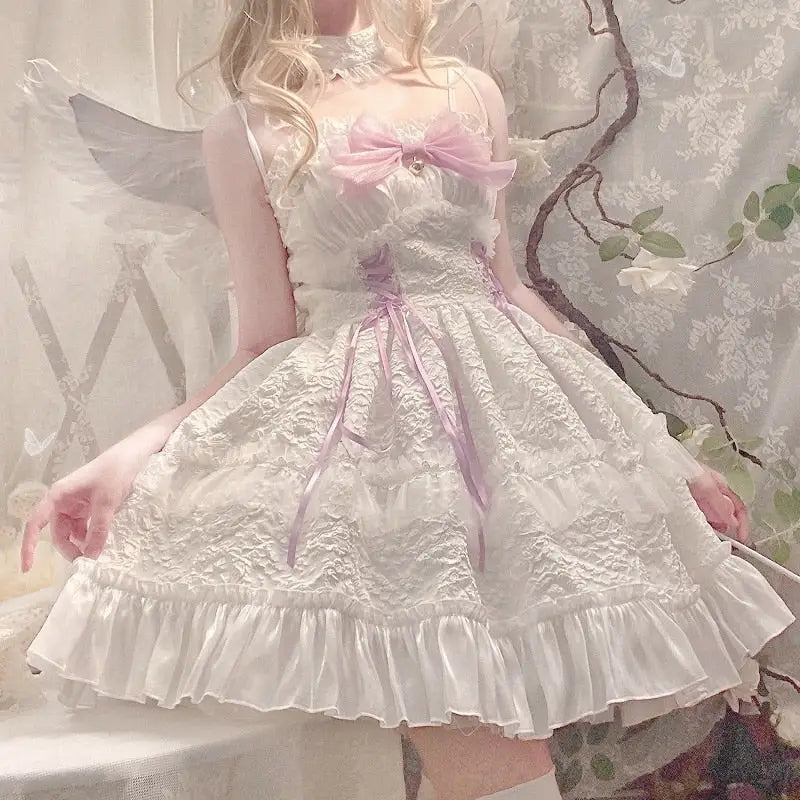 Ethereal Princess Lace Dress with Ruffles and Bows - dress