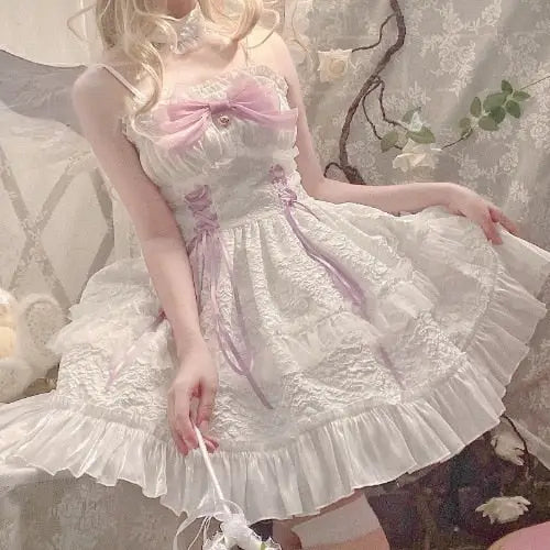 Ethereal Princess Lace Dress with Ruffles and Bows - dress