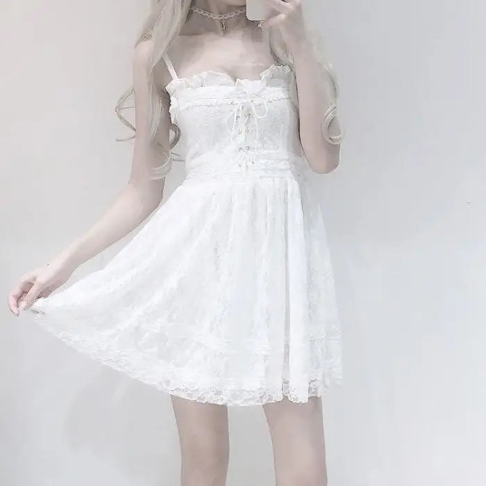 Ethereal White Lace Dress with Ruffles and Bows for a Fairy-Tale Look - Dress