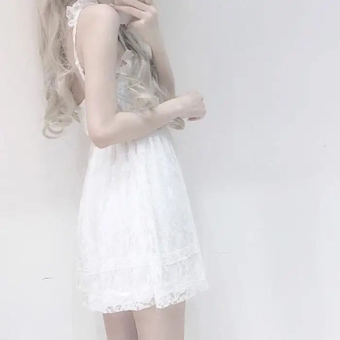 Ethereal White Lace Dress with Ruffles and Bows for a Fairy-Tale Look - Dress