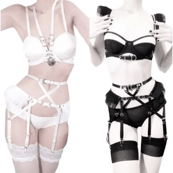 Exquisite Bondage Style Lingerie Set with Garters and Harnesses Included - Cosparty
