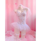 White Bride Lingerie Bodysuit Bridal Wedding Lace Tutu Skirt Headpiece Garter